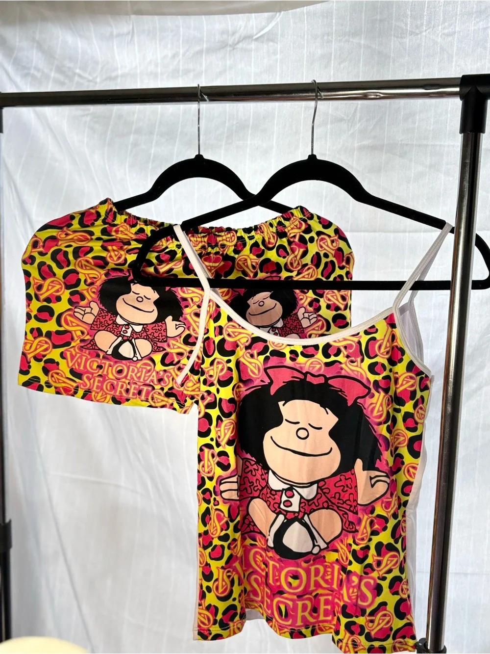 Victoria's Secret Neon Yellow Pink Black Mafalda Tank & Shorts Set